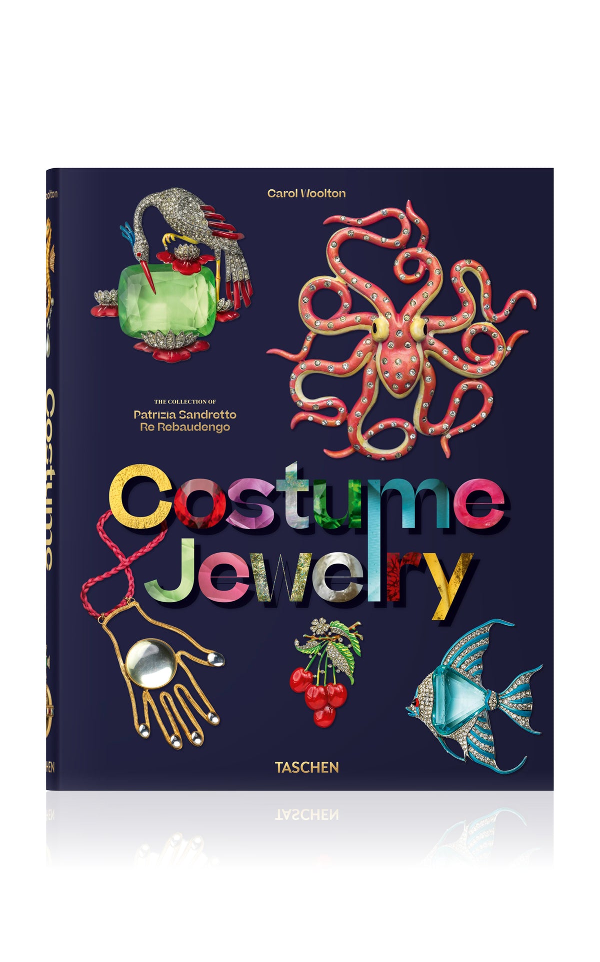 Book cover of 'Costume Jewelry' with colorful illustrations on a dark blue background