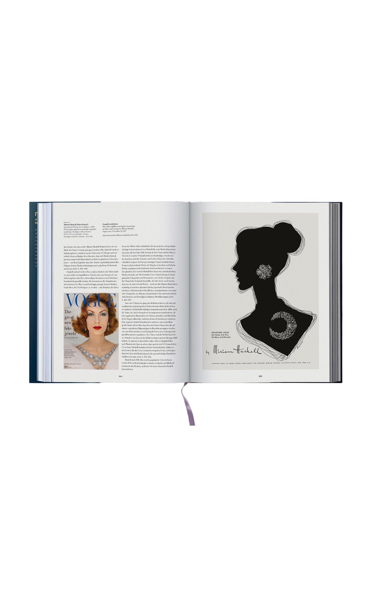 Open book with a silhouette illustration and text on a white background book is Costume Jewelry Patrizia Sandretto Re Rebaudengo collection book.