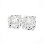 Two clear square glass candle holders with faceted edges, shown on a plain white background.