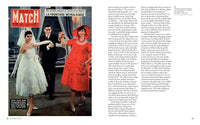color page with a couple in formal attire and a woman in a red dress, featuring 'Paris Match' at the top.