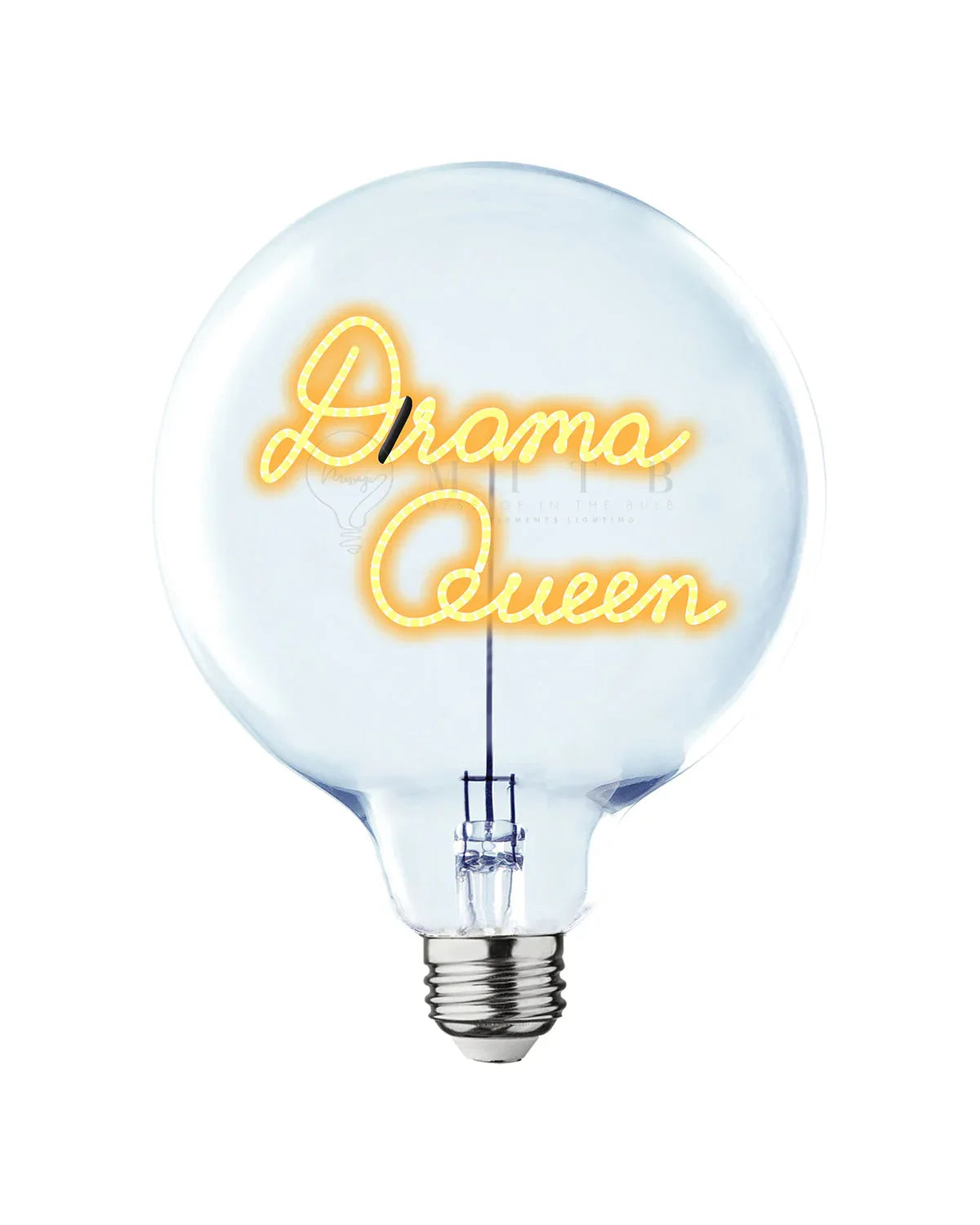 Neon light bulb with 'Drama Queen' text on a white background