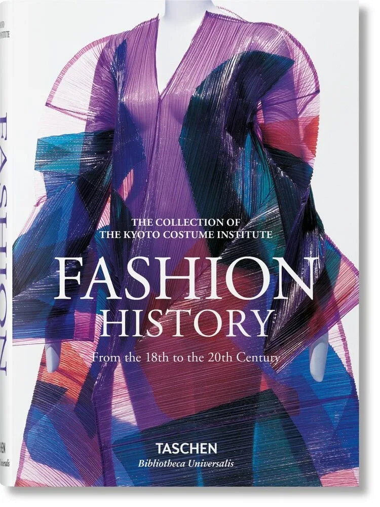 Book cover of 'Fashion History' by Taschen with a colorful garment design.