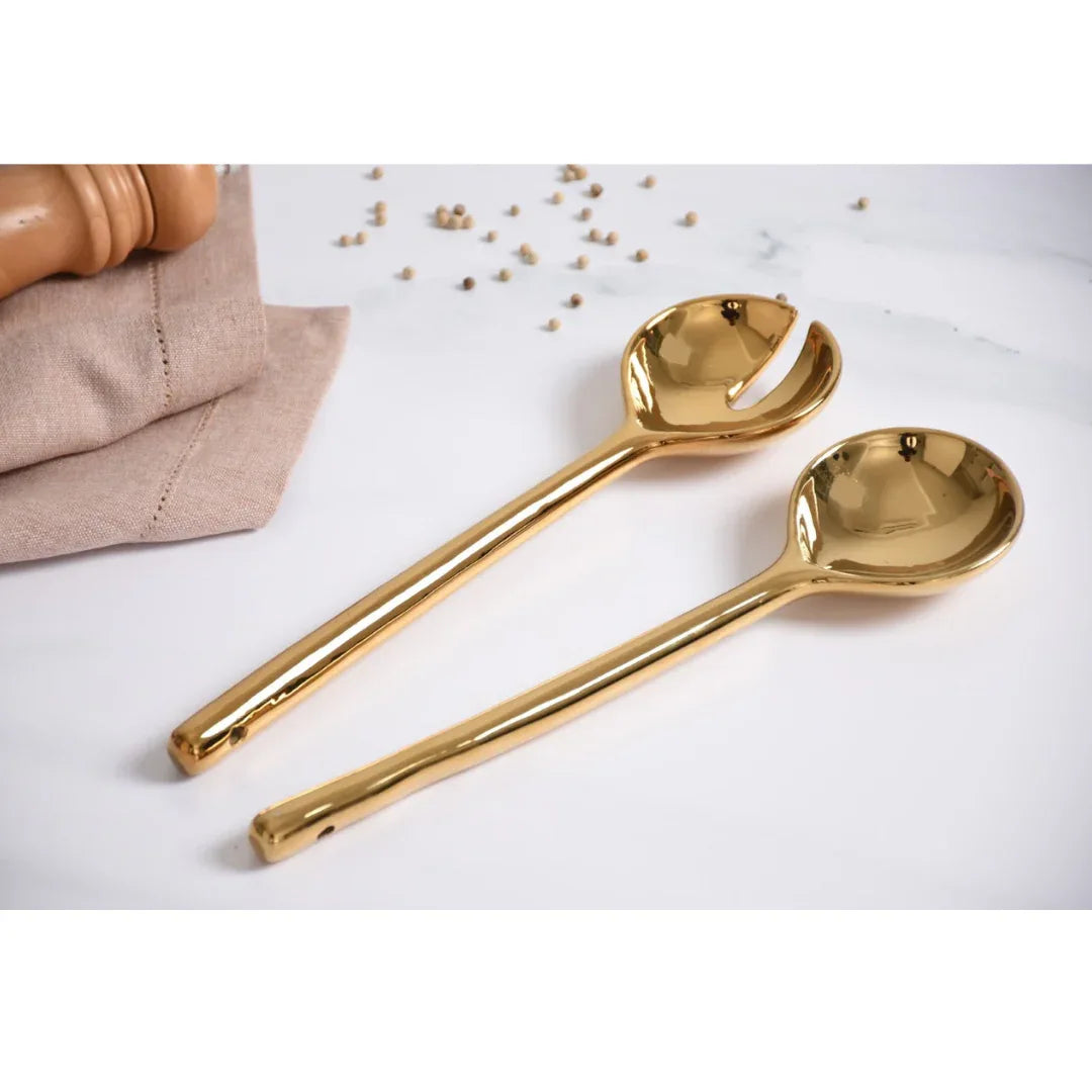 Gold Porcelain Salad Server Set Servers