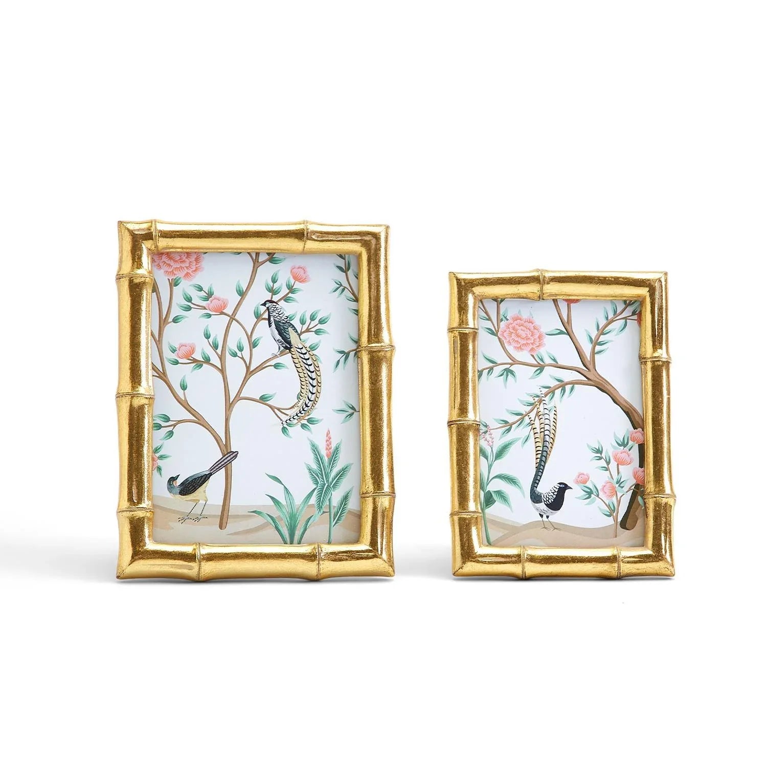 Two gold picture frames with floral and bird designs on a white background Gold Faux Bamboo Picture decor  Frame Photo Frames