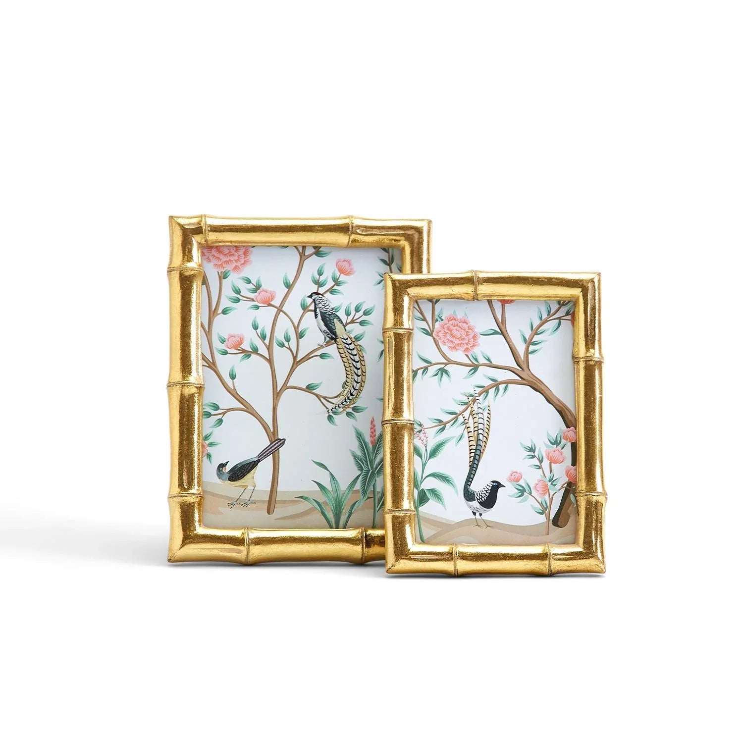 Two gold-framed picture frames with bird and floral design on a white background Gold Faux Bamboo Photo Frame 