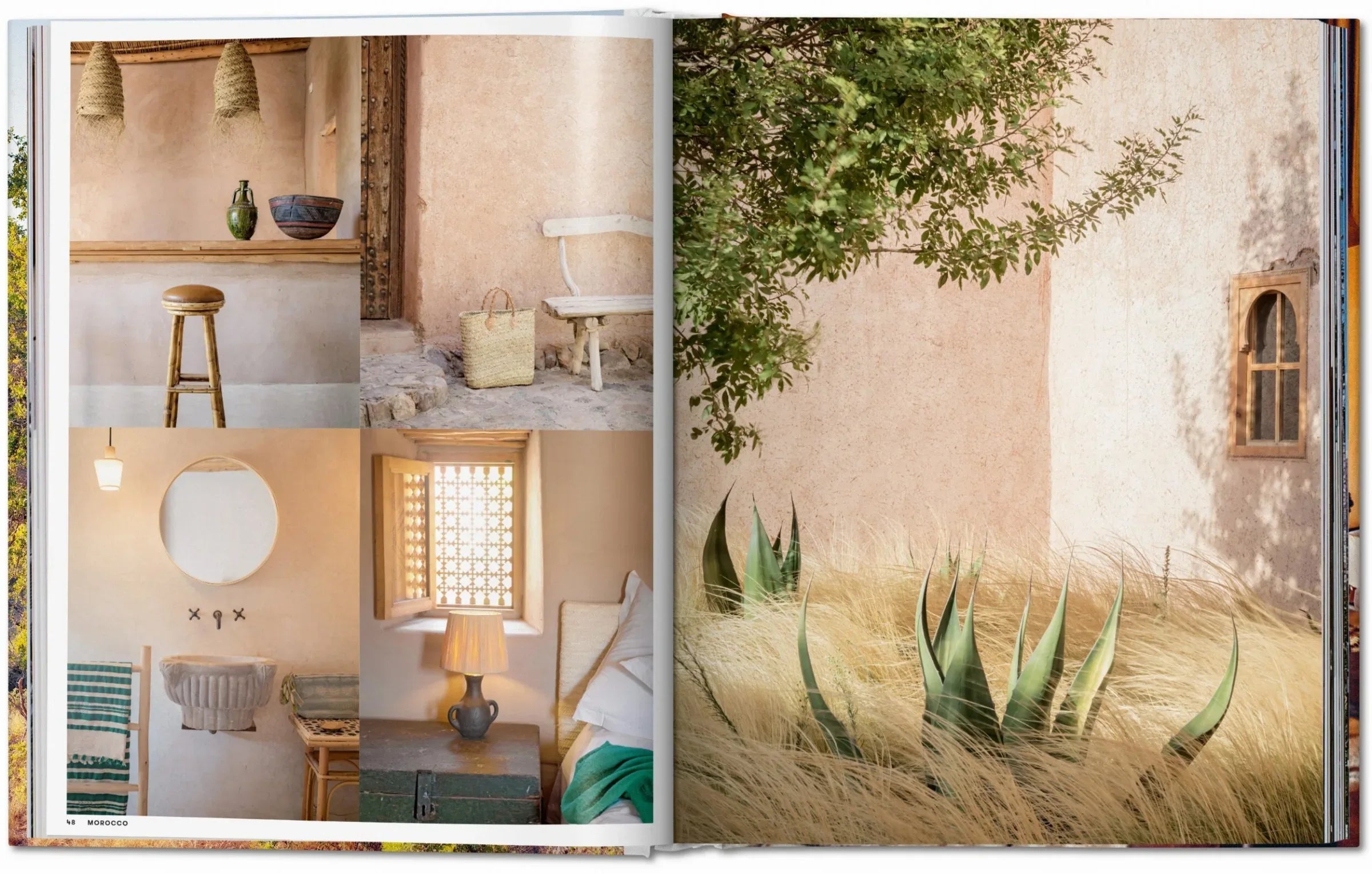 Open book showing interior design images with a rustic outdoor scene.