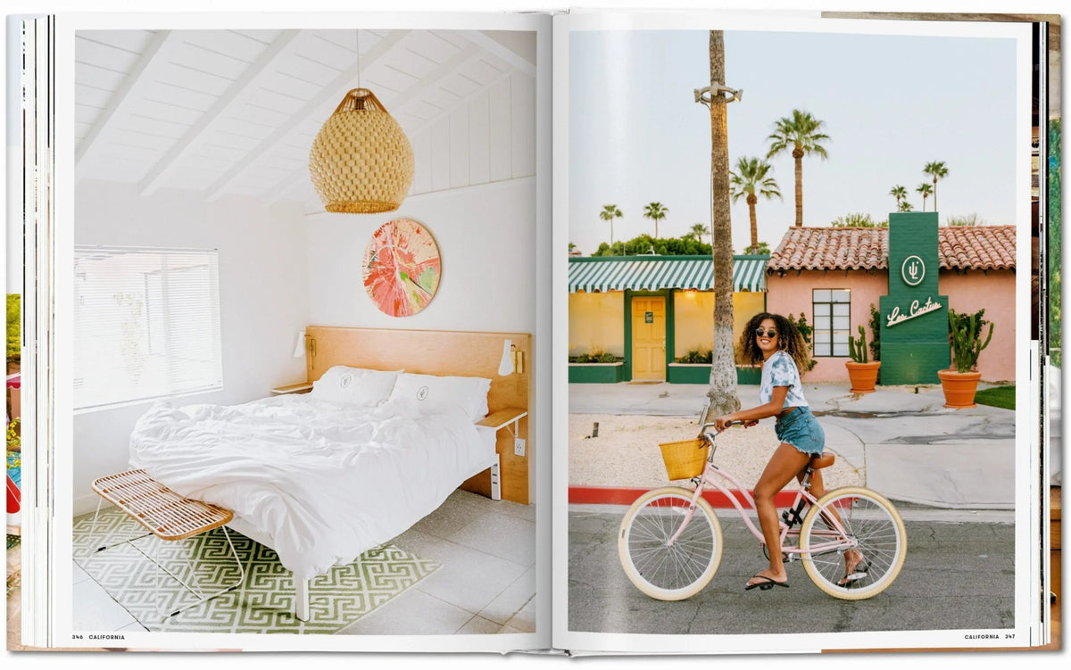 Open book showing two images: a bedroom interior and a woman riding a bike on a street. Great Escapes USA. The Hotel Book Books