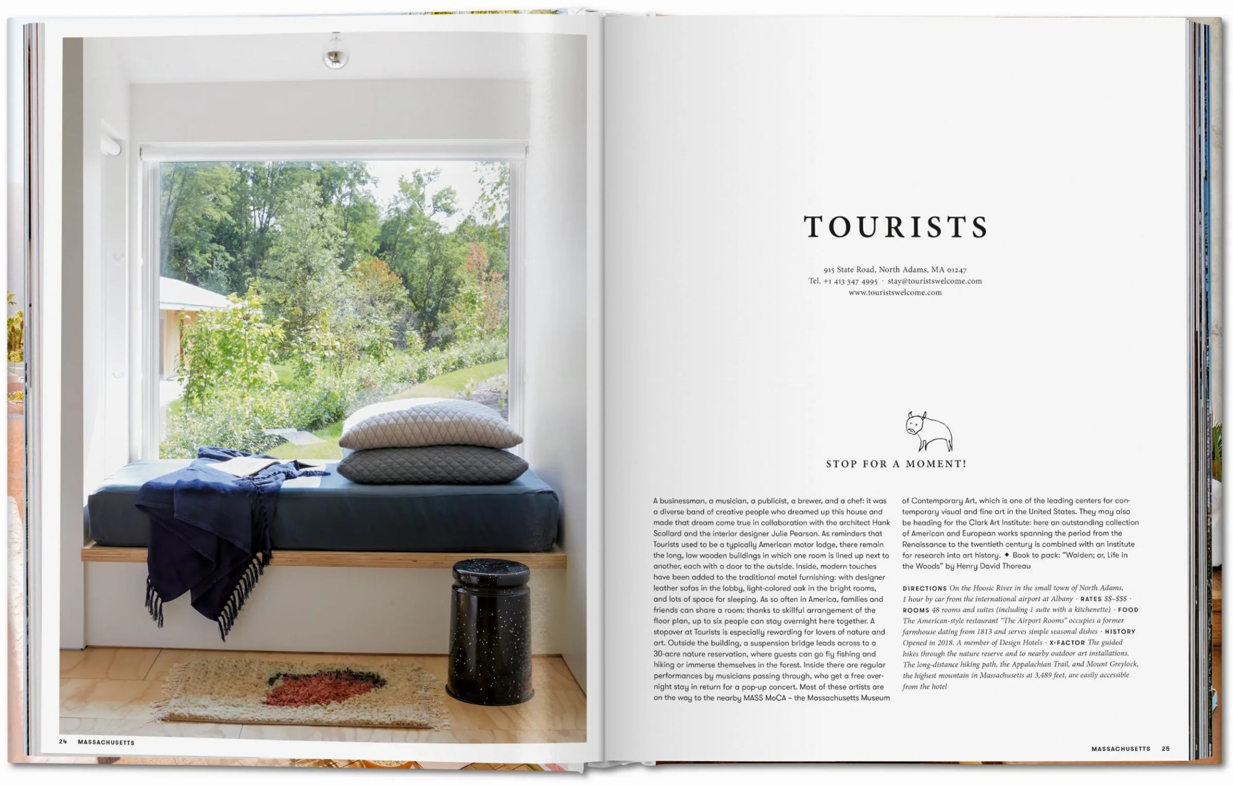 Open book showing a room with a bed and window, with text on the right page. Great Escapes USA.