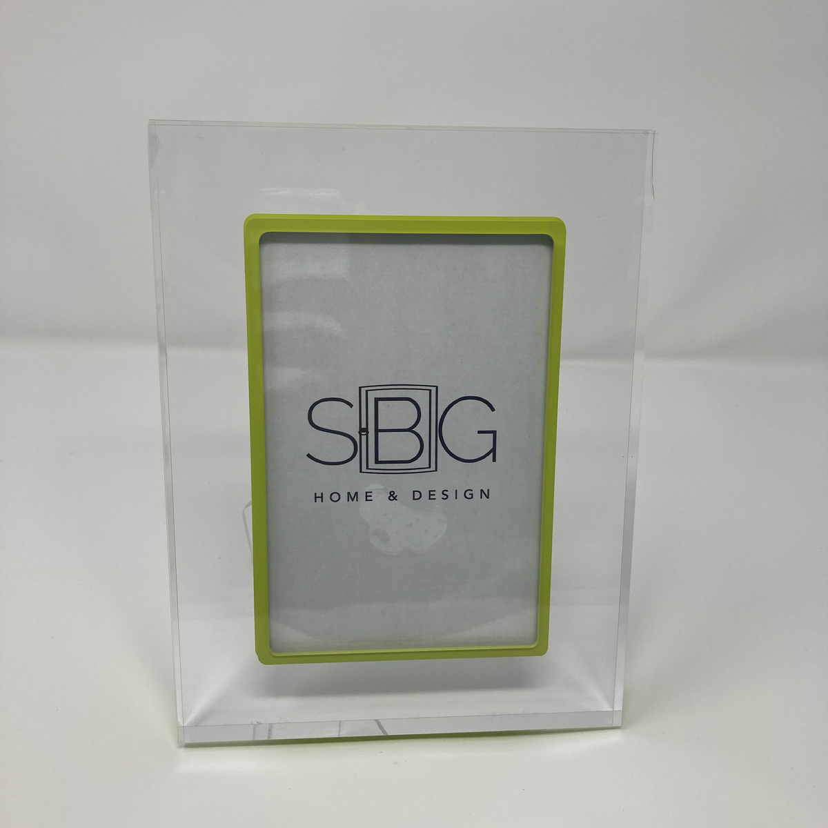 Clear Acrylic frame with a green border and 'S&G Home & Design' logo on a white background