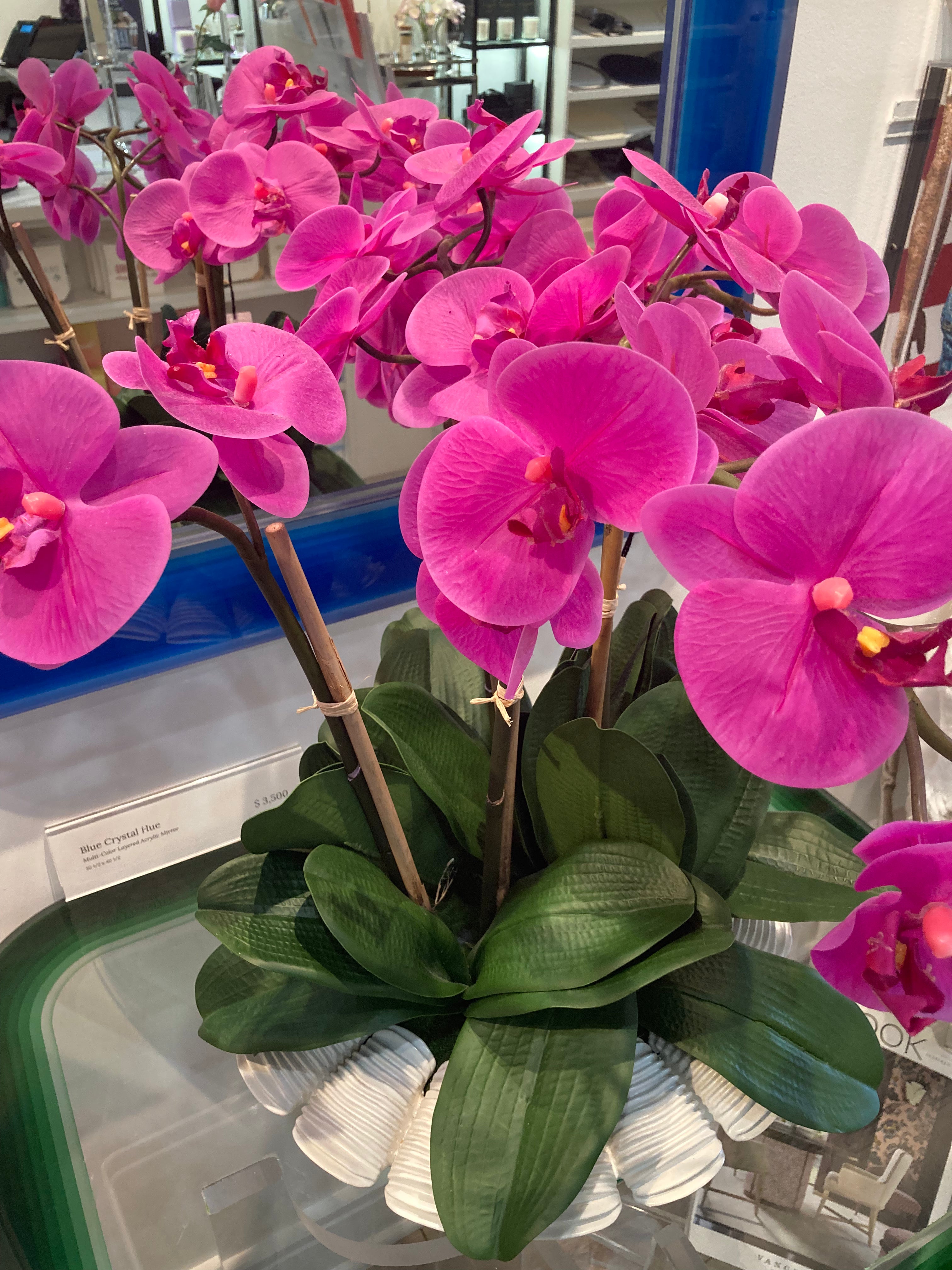 Pink artificial orchids in a pot on a store shelf