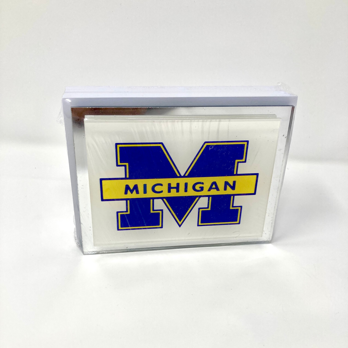 Michigan logo in blue and yellow on a white background