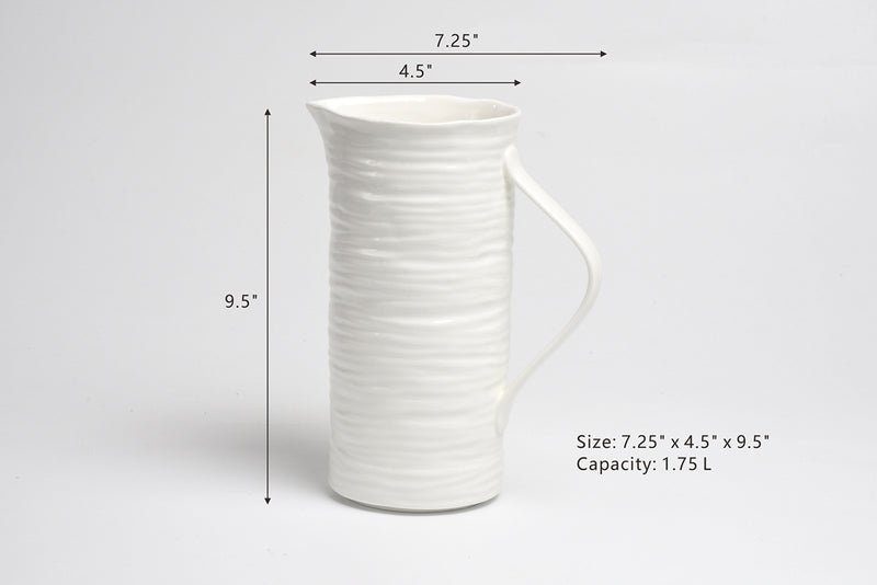 White ceramic pitcher with dimensions and capacity details on a gray background