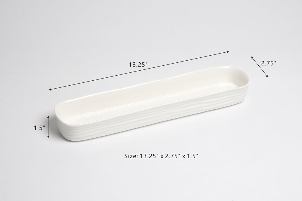 White ceramic tray with dimensions on a light gray background