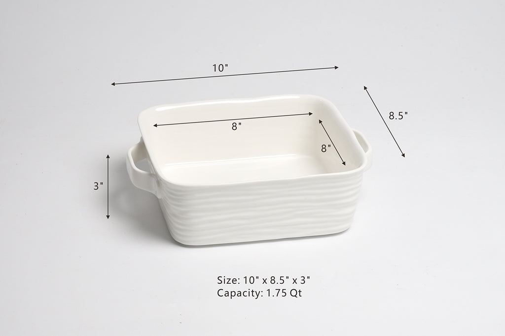 White ceramic baking dish with dimensions and capacity details on a gray background