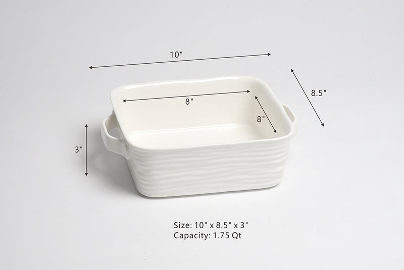 White ceramic baking dish with dimensions and capacity details on a gray background