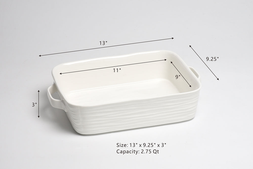 White ceramic baking dish with dimensions and capacity details on a gray background