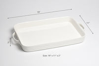 White rectangular ceramic dish with dimensions labeled on a light gray background