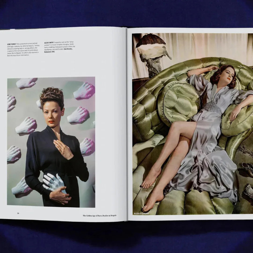 Open book showing two images: one of a woman in a black outfit with white gloves, and another of a woman in a gray dress lying on a green couch.