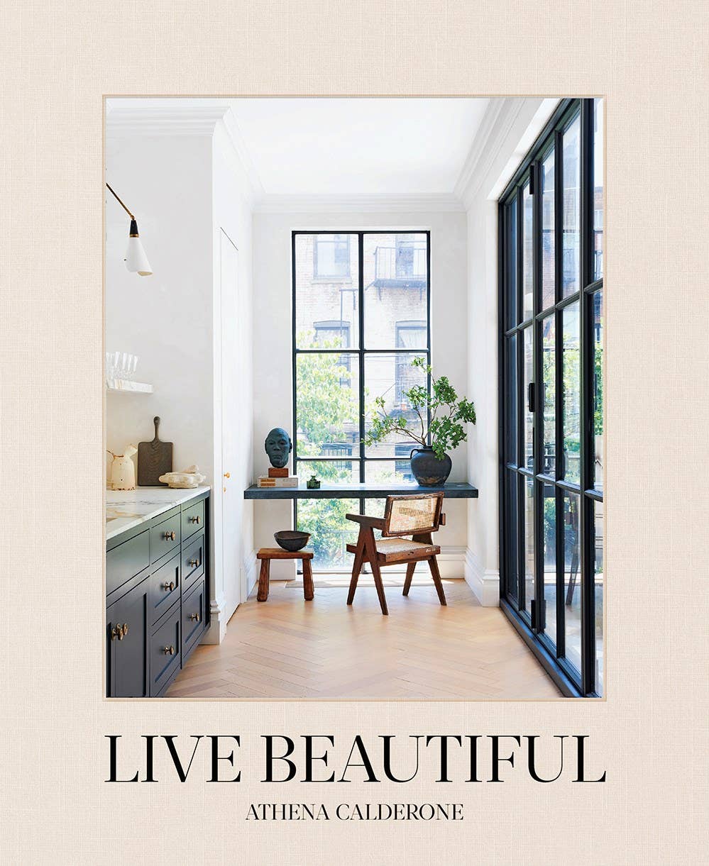 Book cover of 'Live Beautiful' by Athena Calderone with a modern interior design scene.