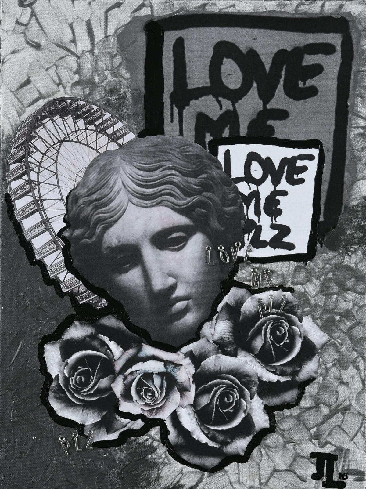 Love Me Plz  visual artwork mixed media collage on canvas shows roses, rollercoaster, statue head and "love me plz"