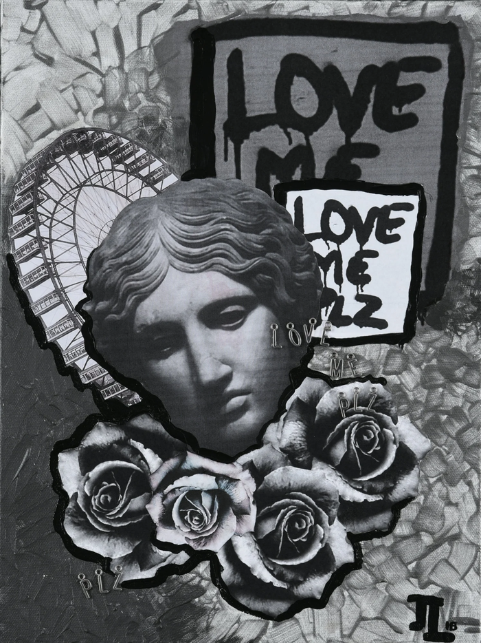 Love Me Plz  visual artwork mixed media collage on canvas shows roses, rollercoaster, statue head and "love me plz"