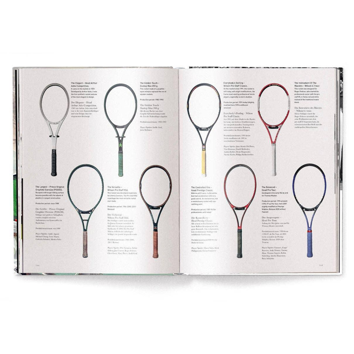 Open book showing images of tennis rackets on a white background