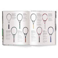 Open book showing images of tennis rackets on a white background