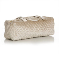 silver quilted duffel bag on a white background