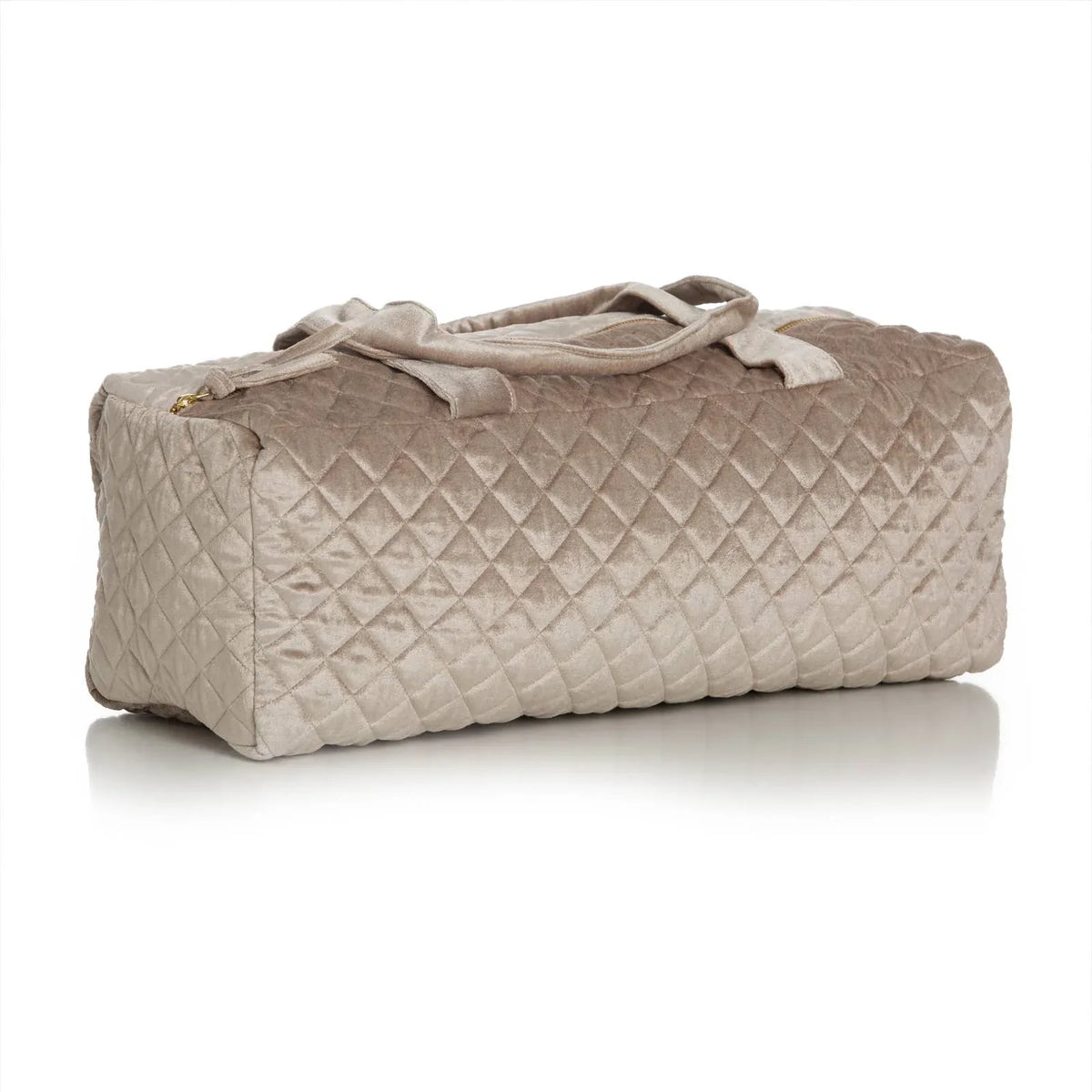 Quilted taupe mahjong duffel bag on a white background