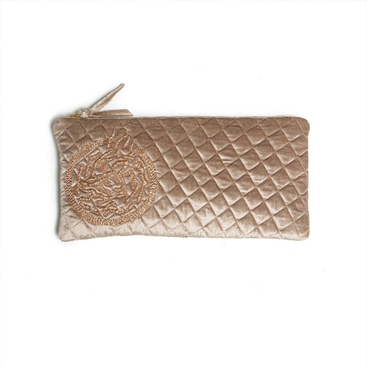 Quilted taupe pouch with a decorative emblem on a white background