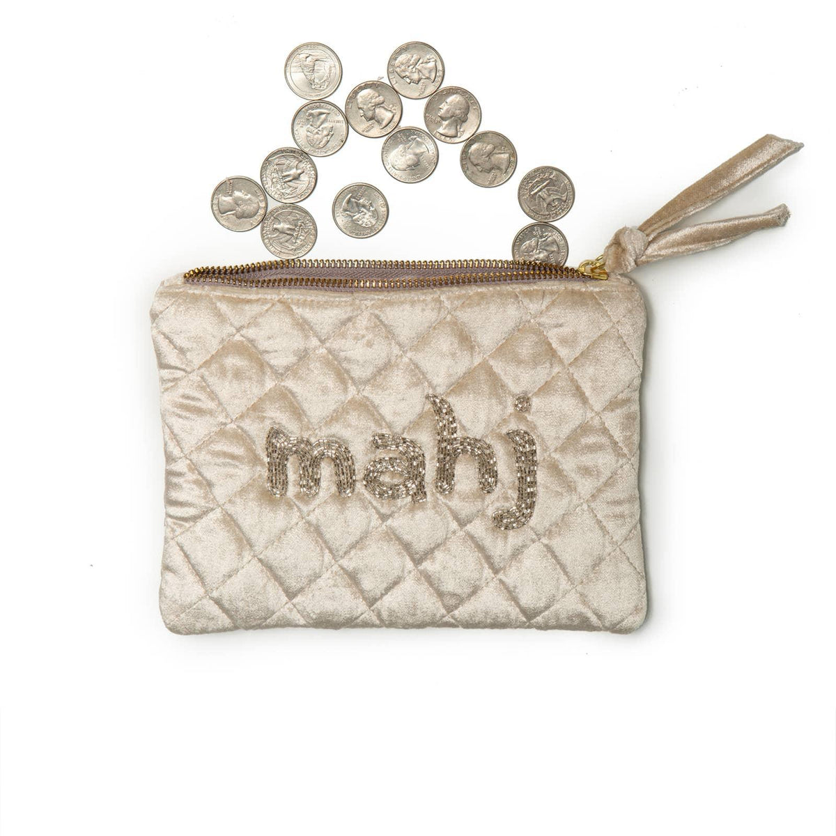 Quilted coin purse with 'mahj' text and coins on a white background