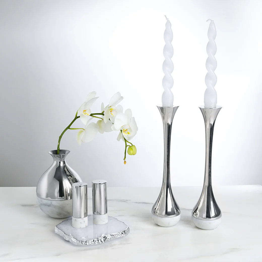 Coluna Dual Candleholders, Marble & Silver, Set of 2