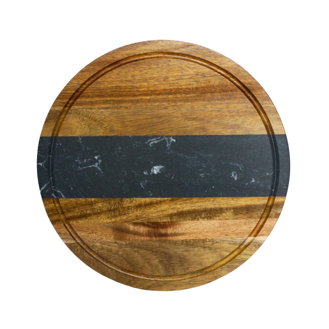 Marble Stripe & Acacia Wood Round Board in black.