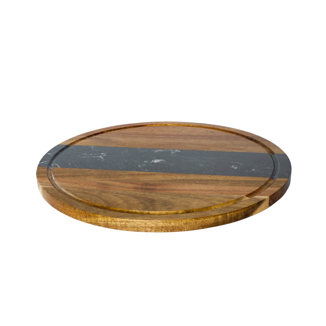 Marble Stripe & Acacia Wood Round Board in black.