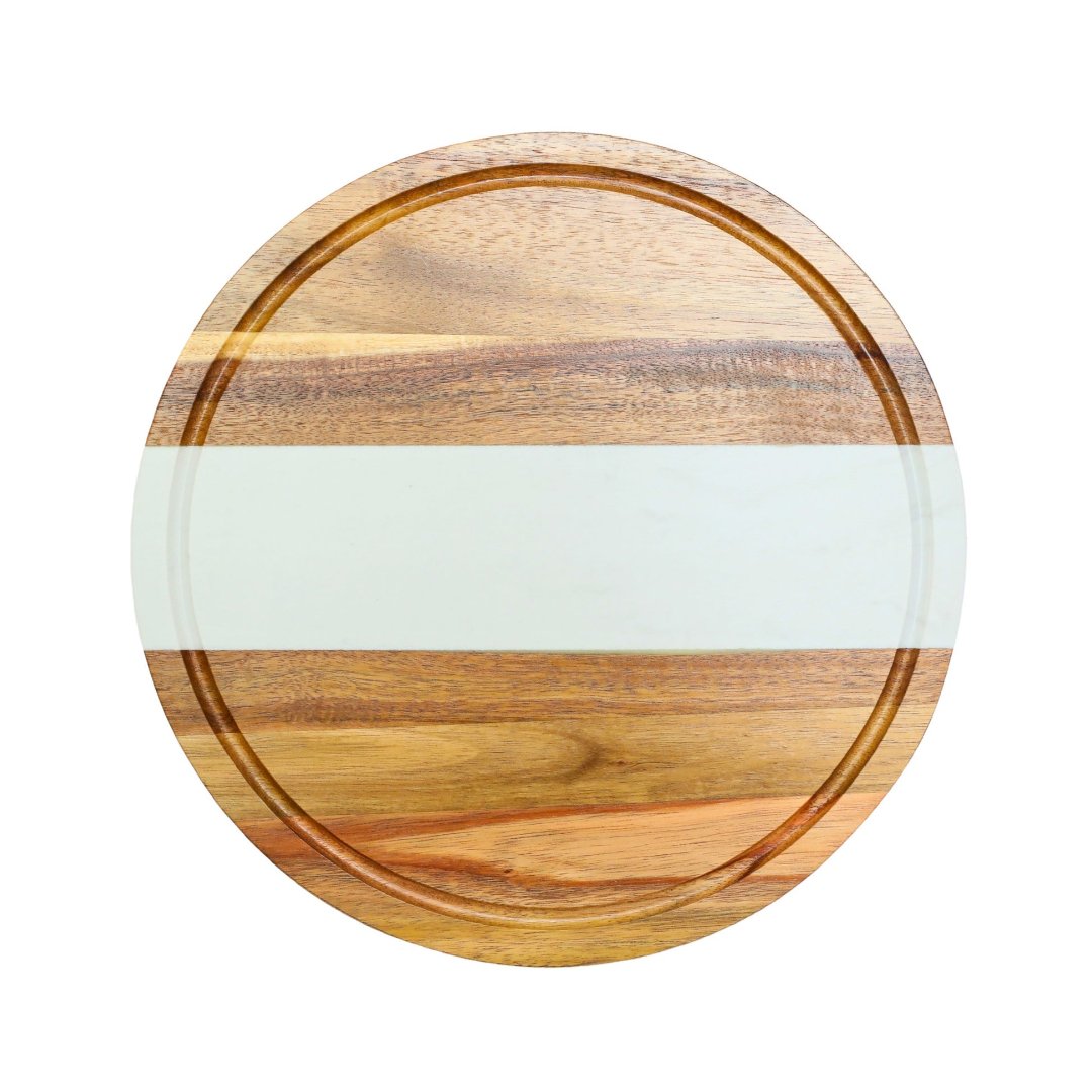 Marble Stripe & Acacia Wood Round Board  in white.