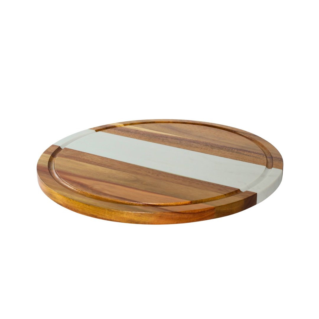 Marble Stripe & Acacia Wood Round Board in white. 