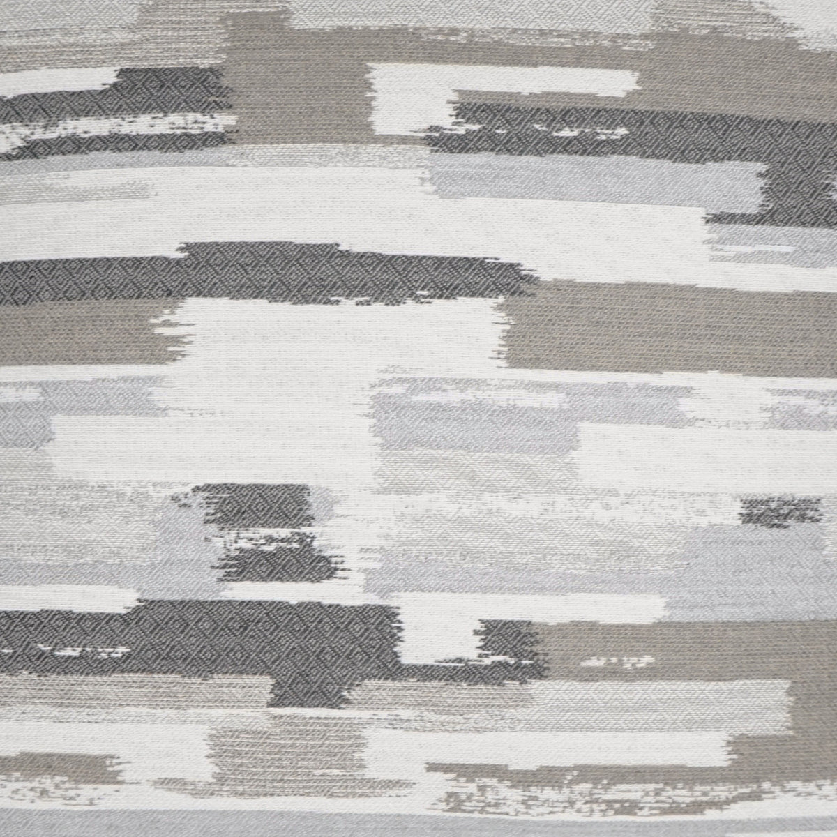 Abstract geometric patterned fabric with horizontal brushstroke bands in white, light gray, taupe, and charcoal gray, featuring a subtle woven texture.