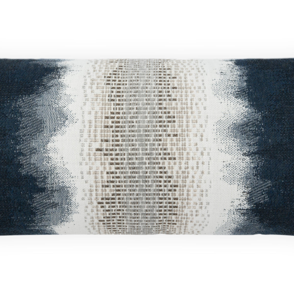 A rectangular woven throw pillow cover featuring a textured abstract design with a central cream and beige patterned band flanked by dark navy blue textured sides.