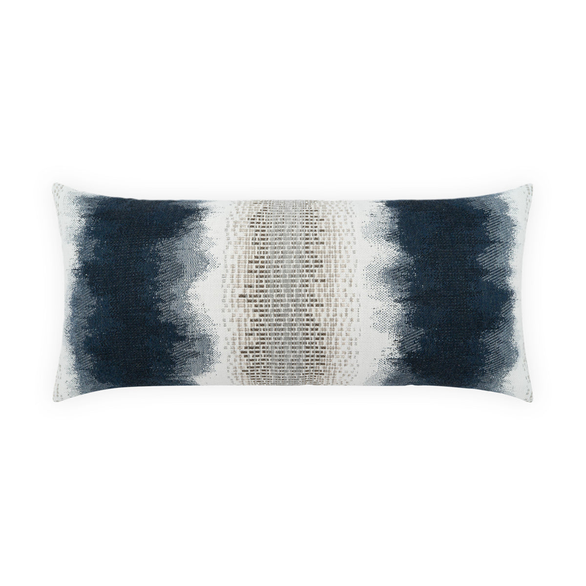 A rectangular lumbar throw pillow with an abstract design featuring dark navy blue textured brushstrokes on the sides and a central vertical band of beige and white script text on a white background.