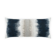 A rectangular lumbar throw pillow with an abstract design featuring dark navy blue textured brushstrokes on the sides and a central vertical band of beige and white script text on a white background.