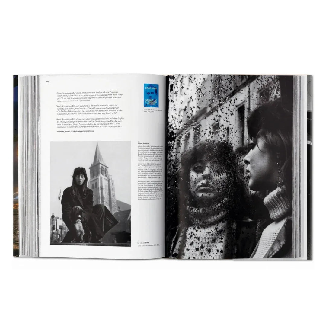 Open book showing black and white photos of people in an urban setting French History Photography, Paris Architecture
