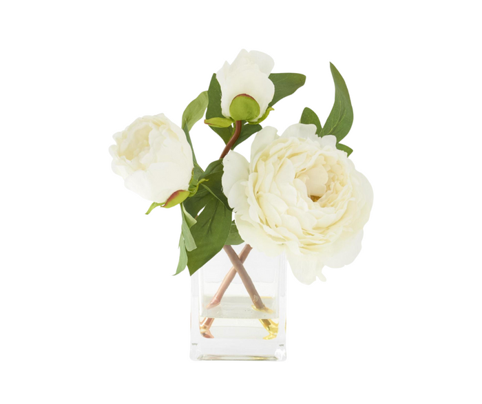 White Peony In Square Glass Vase