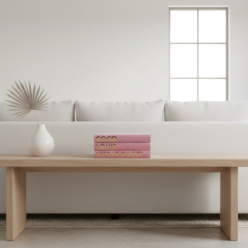 Stack of pink books with gold text on a white background Coco, Louis, Life is Gucci