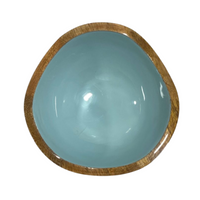 Handcrafted mango wood bowl with turquoise enamel interior
