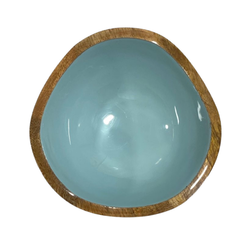 Handcrafted mango wood bowl with turquoise enamel interior