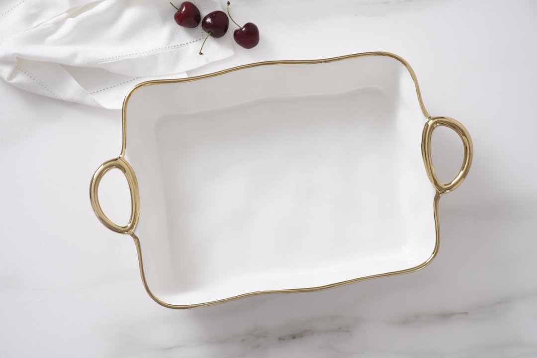 Rectangular Baking Dish with Golden Handles.