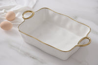 Rectangular Baking Dish with Golden Handles.