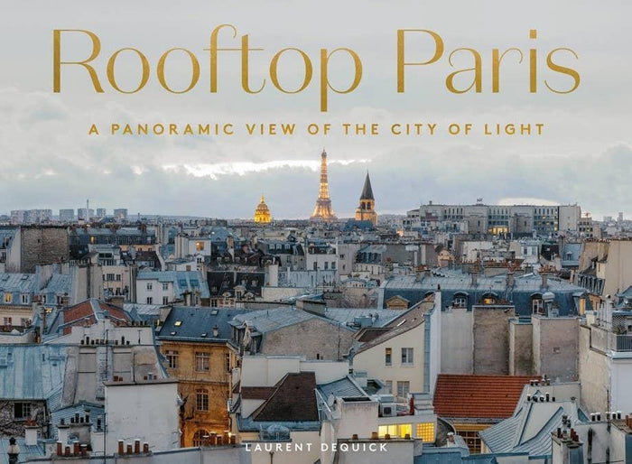 Book cover of 'Rooftop Paris' with a panoramic view of Paris and the Eiffel Tower. Travel Gift, Romantic Paris Book