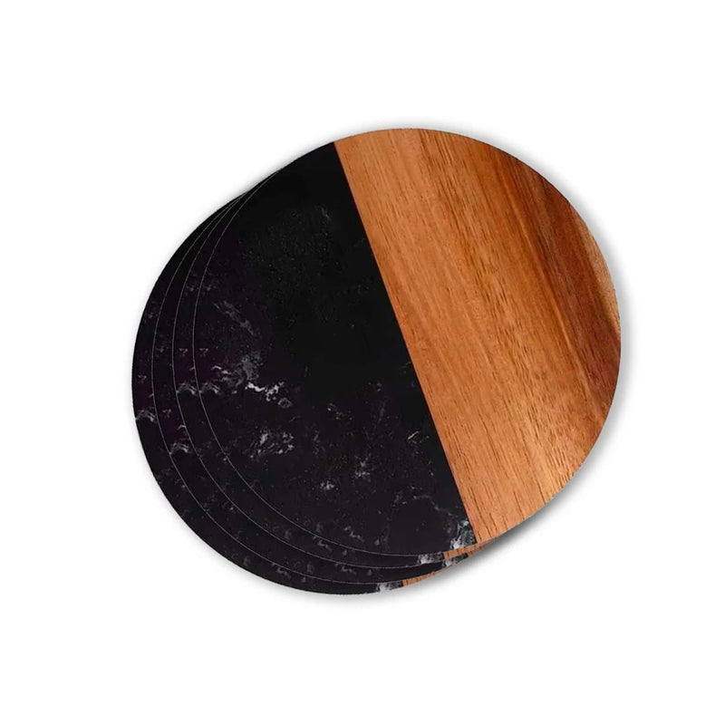 Round Marble & Acacia Wood Coasters in black