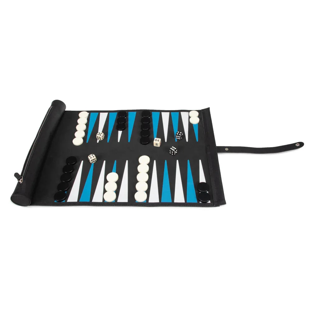 Roll-up backgammon board with pieces on a white background